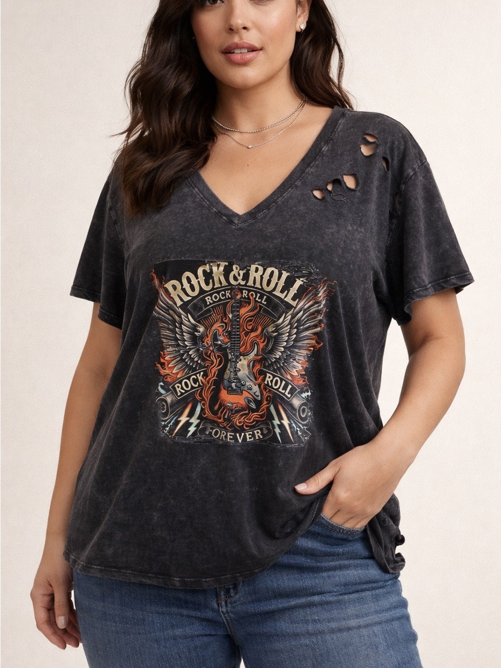 Custom Upcycled Torrid Distressed Rock & Roll Graphic Tee Washed Black Size 2 - Picture 2 of 9